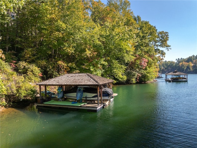 view of dock with a water view