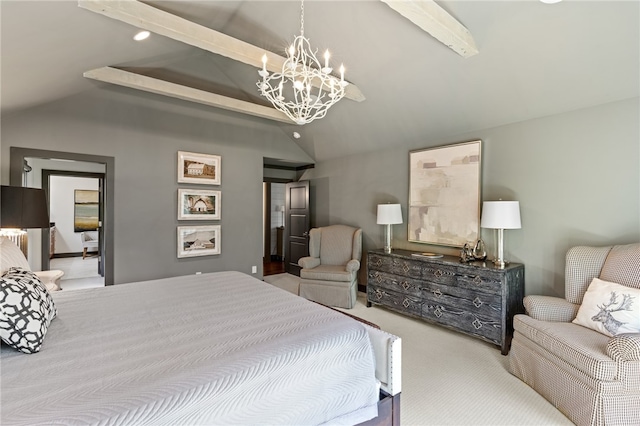 carpeted bedroom featuring lofted ceiling with beams and an inviting chandelier