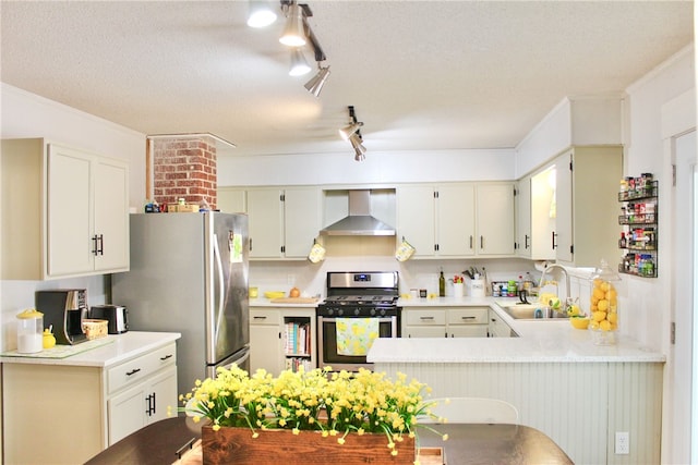 kitchen featuring wall chimney range hood, kitchen peninsula, stainless steel appliances, ornamental molding, and sink