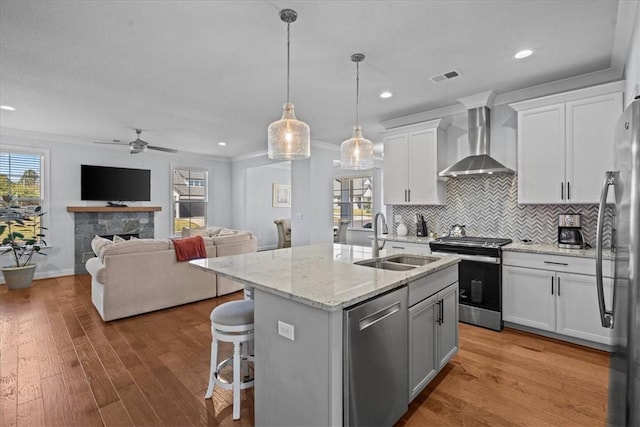 2 Winding Rock Rd, Simpsonville, SC 29680 - kitchen featuring wall chimney range hood, a sink, stainless steel appliances, white cabinetry, and backsplash