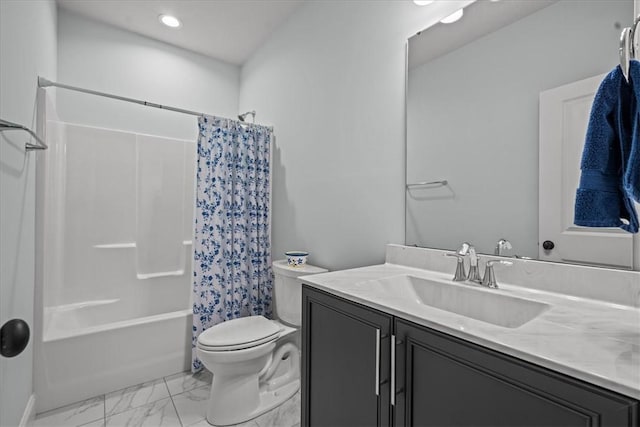 2 Winding Rock Rd, Simpsonville, SC 29680 - full bathroom with toilet, marble finish flooring, vanity, shower / bathtub combination with curtain, and recessed lighting