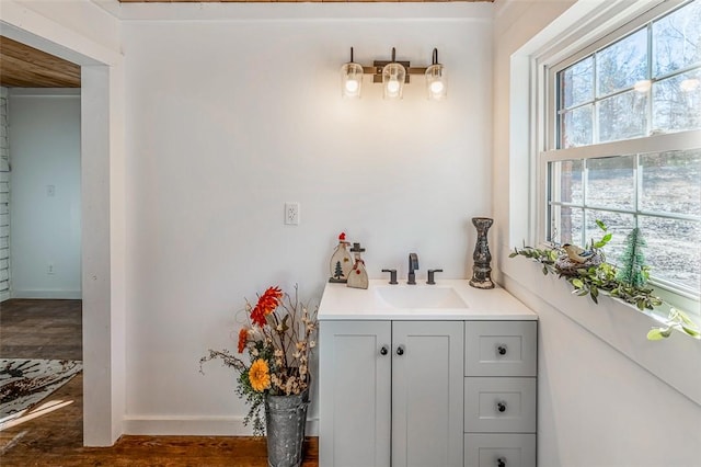 bathroom with hardwood / wood-style floors and vanity