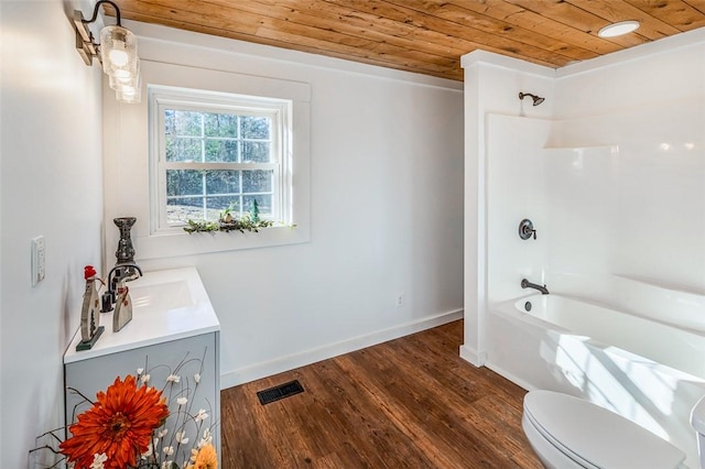 full bathroom featuring bathing tub / shower combination, wood-type flooring, toilet, vanity, and wood ceiling