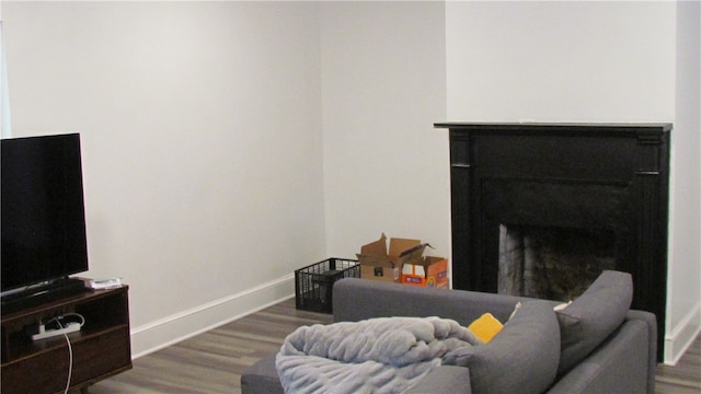 living room featuring dark wood-type flooring