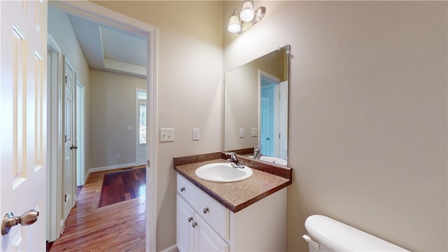 bathroom featuring vanity, toilet, and wood-type flooring