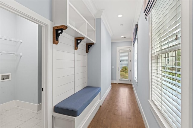 mudroom featuring crown molding, baseboards, recessed lighting, and wood finished floors