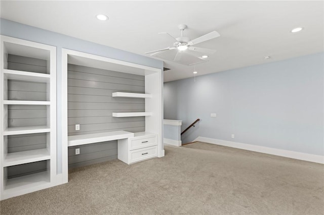 unfurnished bedroom featuring ceiling fan, attic access, light colored carpet, baseboards, and recessed lighting