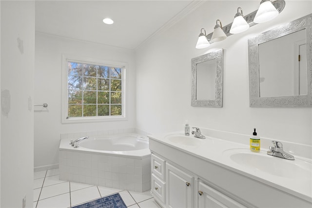 bathroom with vanity, crown molding, tile patterned flooring, and tiled bath