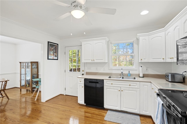 kitchen featuring appliances with stainless steel finishes, white cabinets, sink, and light hardwood / wood-style floors