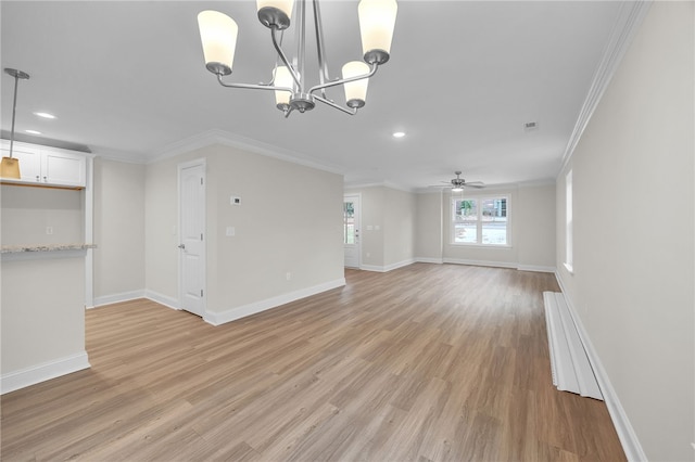 unfurnished living room featuring crown molding, ceiling fan with notable chandelier, and light wood-type flooring