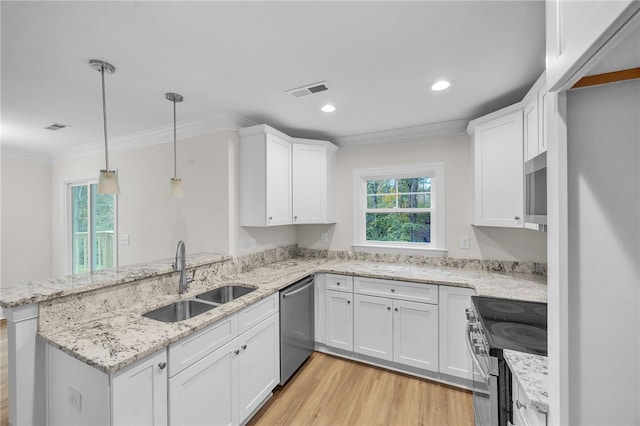 kitchen with kitchen peninsula, sink, pendant lighting, white cabinetry, and appliances with stainless steel finishes