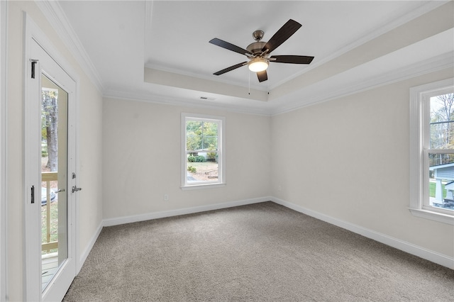 carpeted spare room featuring crown molding, a healthy amount of sunlight, ceiling fan, and a raised ceiling