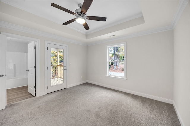 carpeted empty room with crown molding, a raised ceiling, and ceiling fan