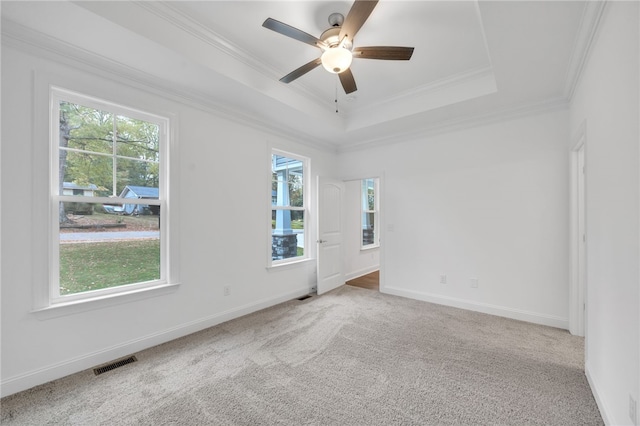 empty room featuring light carpet, crown molding, ceiling fan, and a raised ceiling