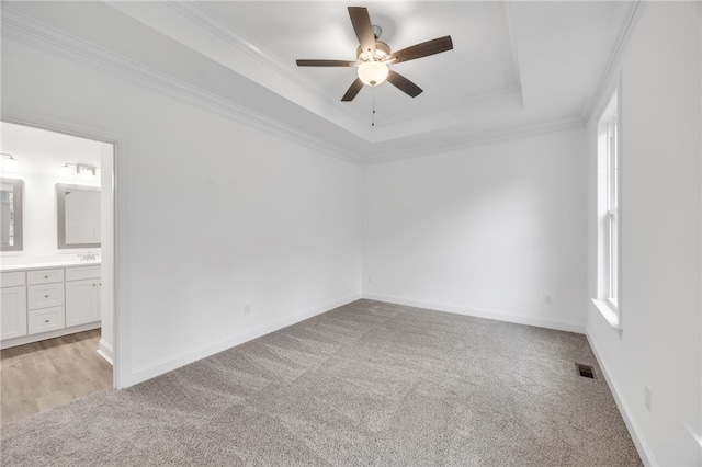 unfurnished room featuring crown molding, light carpet, a tray ceiling, and a healthy amount of sunlight