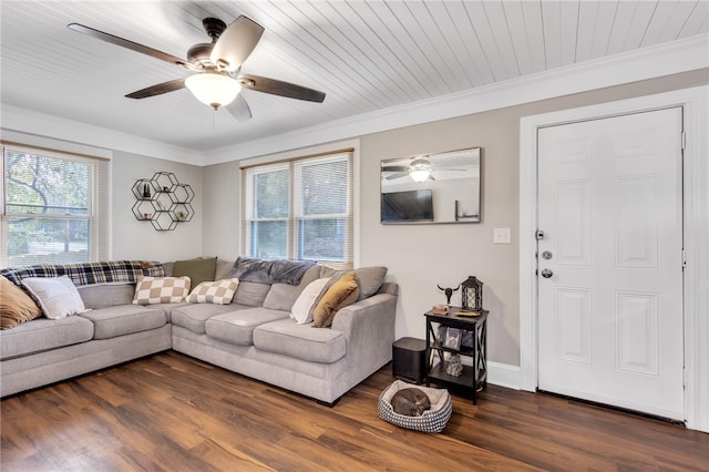 living room featuring dark wood-type flooring, ceiling fan, wood ceiling, and ornamental molding