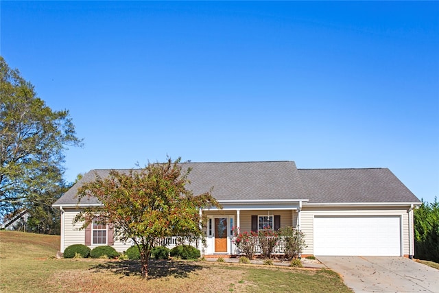 single story home featuring a front lawn, covered porch, and a garage