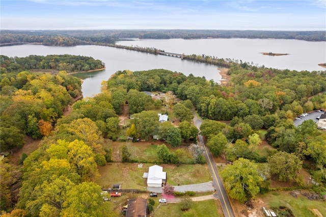 drone / aerial view featuring a view of trees and a water view