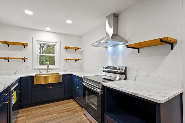 kitchen featuring island range hood, stainless steel electric stove, a sink, and open shelves