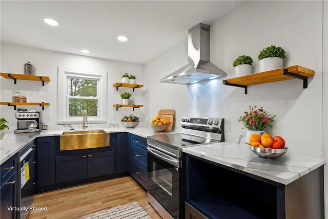 kitchen with open shelves, island exhaust hood, stainless steel electric range oven, and a sink