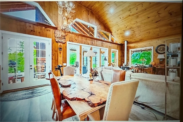 dining area with wood walls, french doors, a healthy amount of sunlight, and lofted ceiling