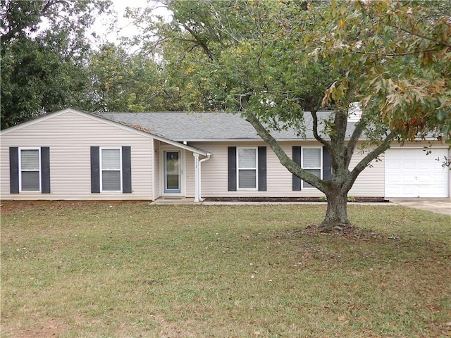single story home featuring a front yard, a garage, and roof with shingles