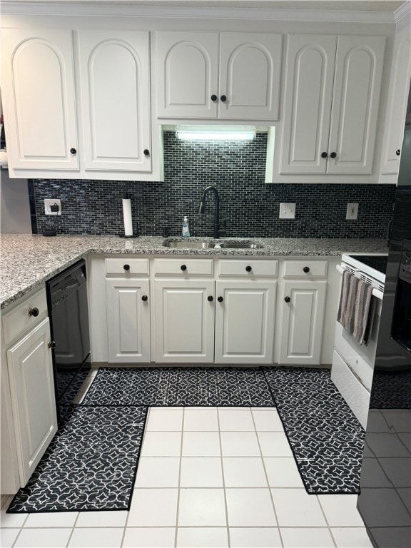 kitchen with white cabinets, sink, decorative backsplash, and black dishwasher