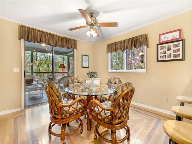 dining space featuring a wealth of natural light, light hardwood / wood-style flooring, and ornamental molding