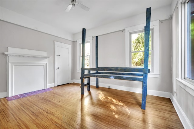 misc room with wood-type flooring and ceiling fan