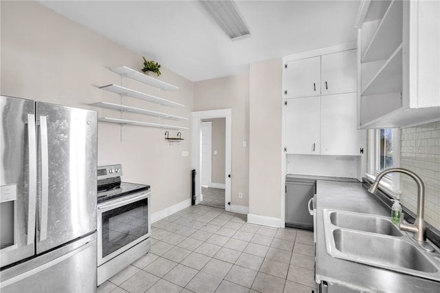 kitchen with stainless steel appliances, white cabinets, sink, and light tile patterned floors