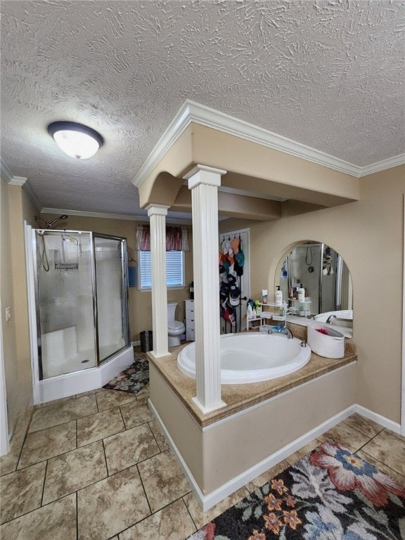 bathroom featuring toilet, independent shower and bath, a textured ceiling, and ornamental molding