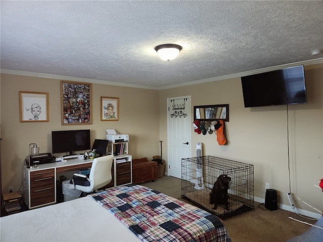 bedroom featuring a textured ceiling, carpet floors, and ornamental molding