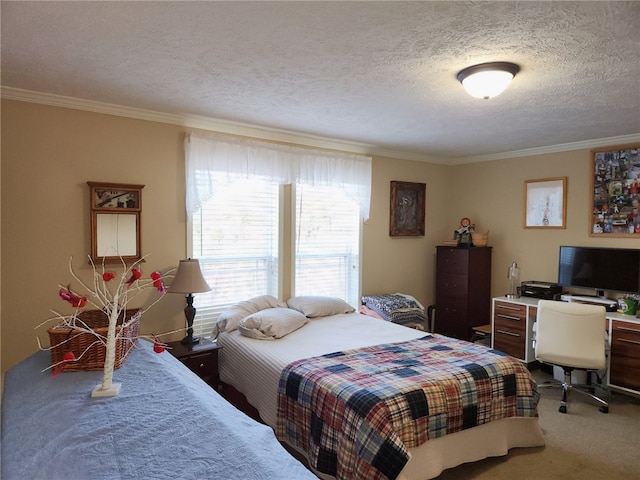 carpeted bedroom featuring ornamental molding and a textured ceiling