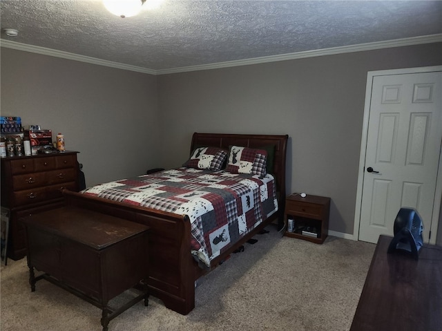 bedroom with a textured ceiling, light carpet, and ornamental molding