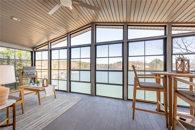 1230 Melton Rd Unit 31, West Union, SC 29696 - sunroom / solarium featuring a water view, a wall of windows, ceiling fan, lofted ceiling, and hardwood / wood-style flooring