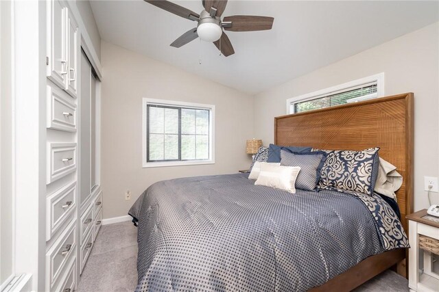 1230 Melton Rd Unit 31, West Union, SC 29696 - bedroom featuring light colored carpet, lofted ceiling, and ceiling fan