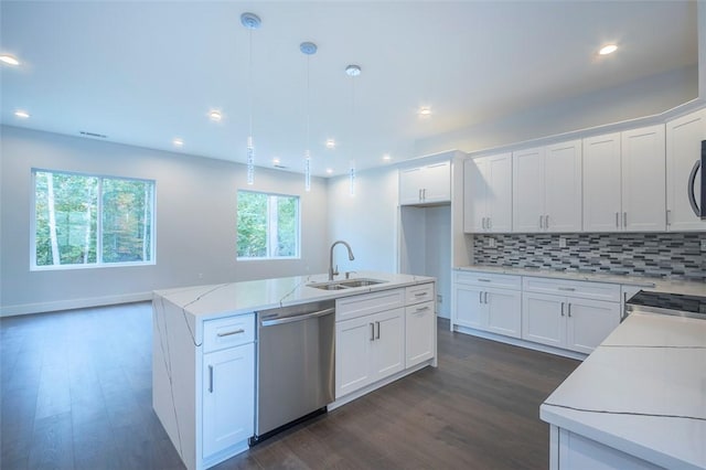 101 Tall Ship Dr, Anderson, SC 29625 - kitchen with stainless steel dishwasher, backsplash, dark wood-style floors, and a sink