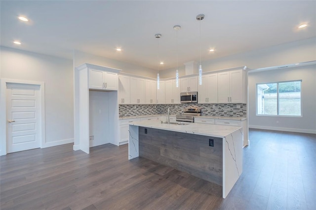 101 Tall Ship Dr, Anderson, SC 29625 - kitchen featuring tasteful backsplash, dark wood finished floors, baseboards, stainless steel appliances, and white cabinetry