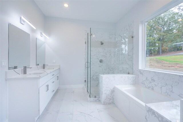 101 Tall Ship Dr, Anderson, SC 29625 - bathroom featuring a bath, a marble finish shower, a wealth of natural light, and marble finish floor