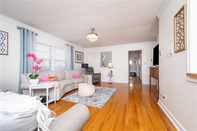 living room featuring wood-type flooring, ornamental molding, and a textured ceiling