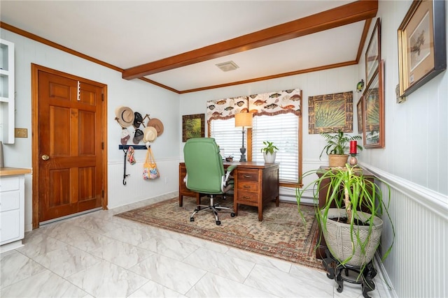 home office featuring beam ceiling and crown molding