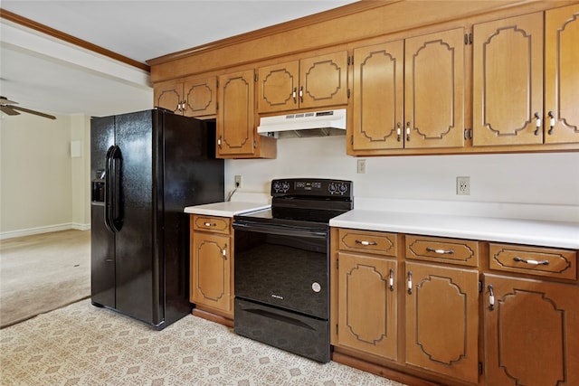 kitchen with black appliances, light colored carpet, and ceiling fan