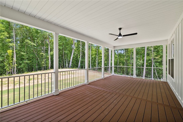 unfurnished sunroom with ceiling fan and a healthy amount of sunlight