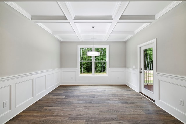 unfurnished dining area with dark wood-type flooring, beamed ceiling, crown molding, and coffered ceiling