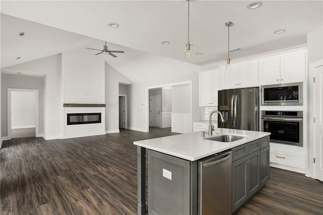 kitchen with sink, appliances with stainless steel finishes, a fireplace, white cabinets, and a center island with sink