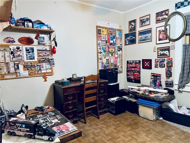 home office featuring ornamental molding and parquet floors