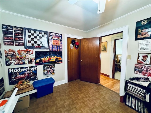 rec room with ornamental molding and parquet floors