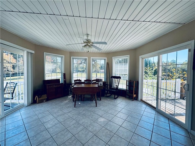 sunroom featuring ceiling fan, wooden ceiling, and a wealth of natural light