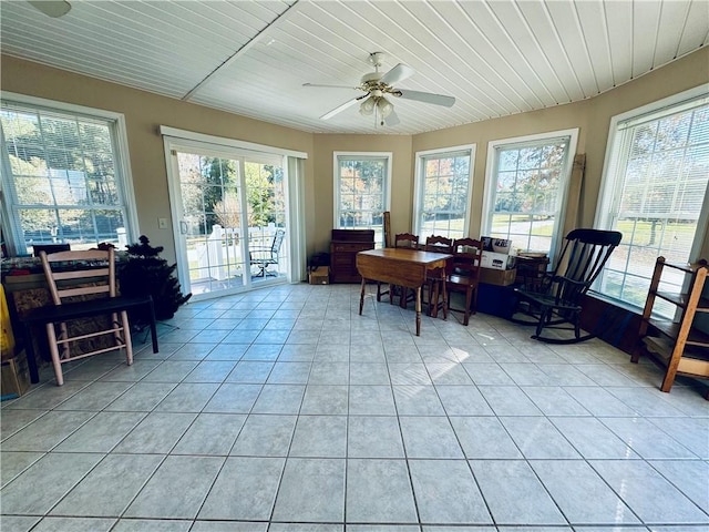 sunroom / solarium featuring wooden ceiling and ceiling fan