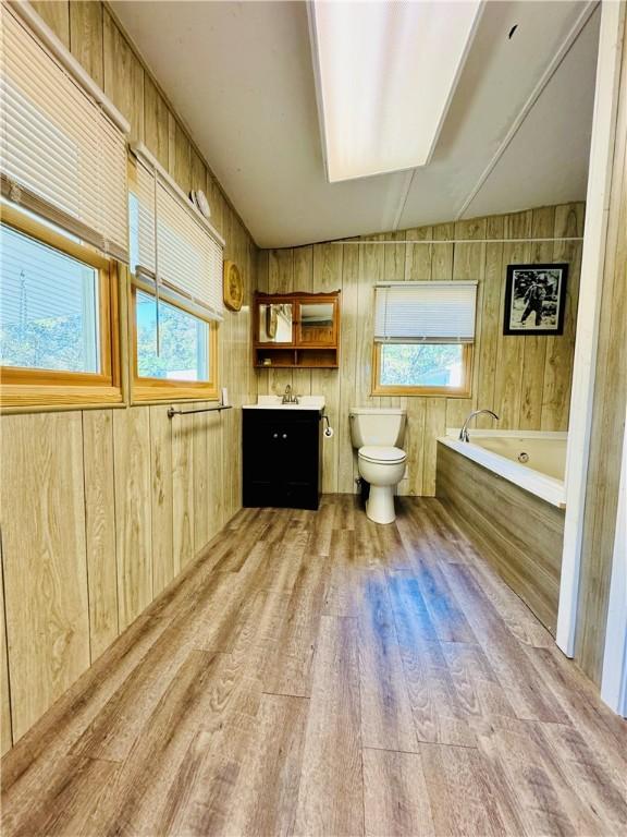 bathroom with vanity, hardwood / wood-style floors, a bathing tub, and toilet